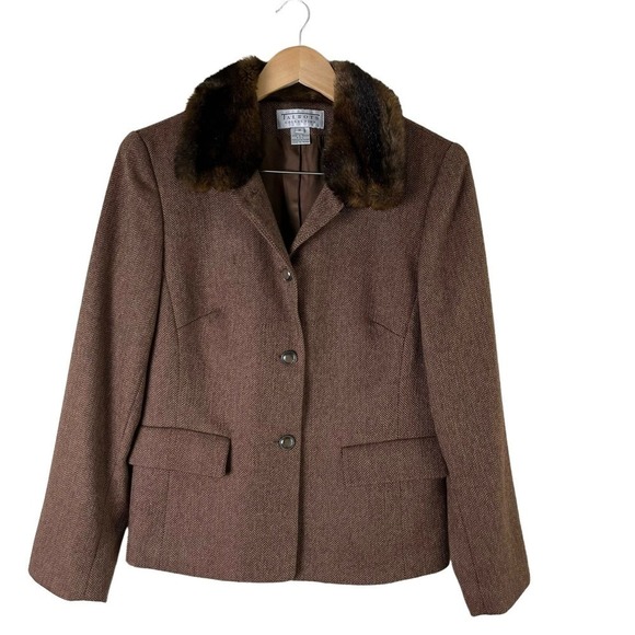 Talbots Faux Fur Collar Wool Herringbone Tweed Button Front Jacket in Brown Sz 8 - Picture 1 of 15